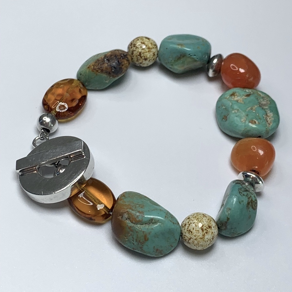 Vintage RAGE Sterling Silver, Turquoise & Carnelian Toggle Clasp Beaded Bracelet - Picture 9 of 15